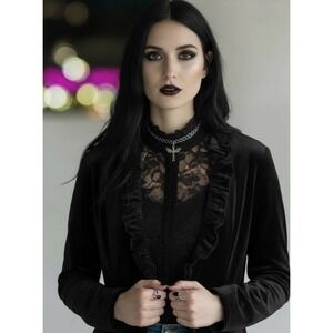 VTG Spiegel 14 Black SILK Velvet Ruffle Collar Hook & Eye Women's Blazer Jacket